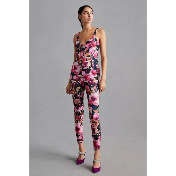By Anthropologie Floral Sweetheart Jumpsuit Bold V Neck Skinny Leg Party Size XS - Picture 1 of 11